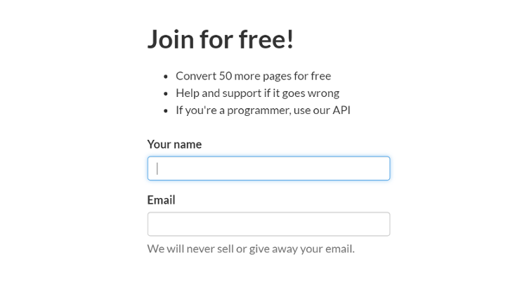 The PDF Tables registration form
